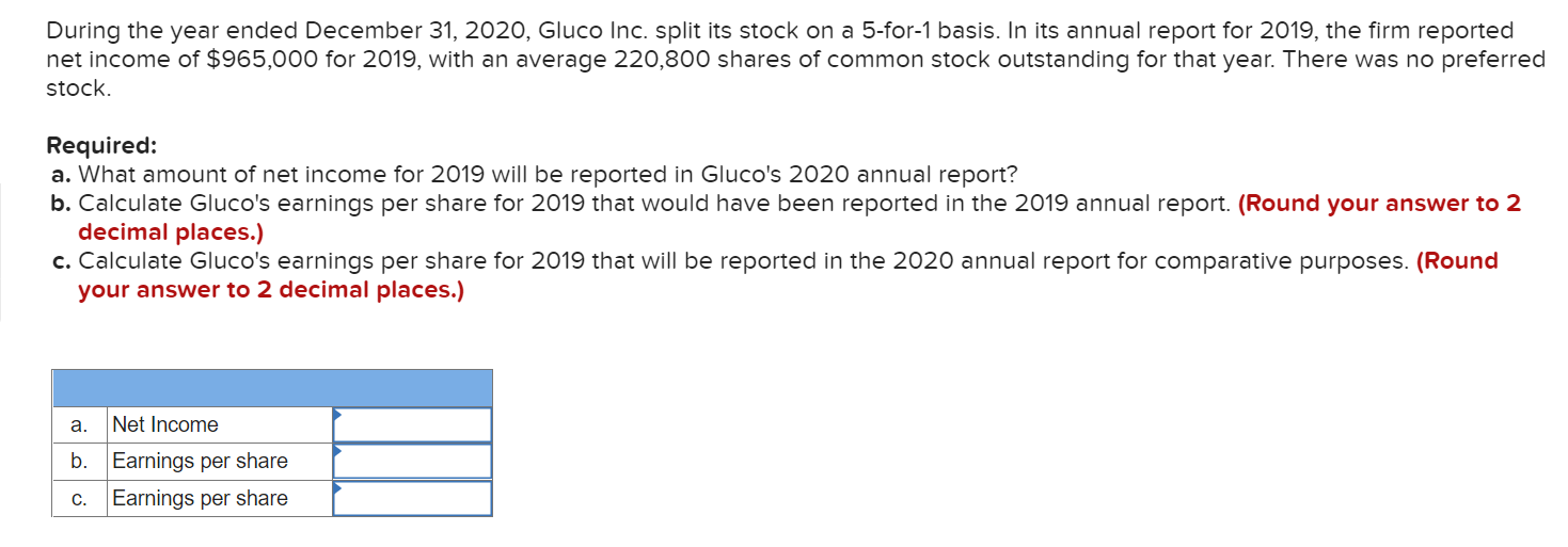 During The Year Ended December 31 2020 Gluco Inc Split Its Stock On A 5 For 1 Basis In Its Annual Report For 2019 T 1