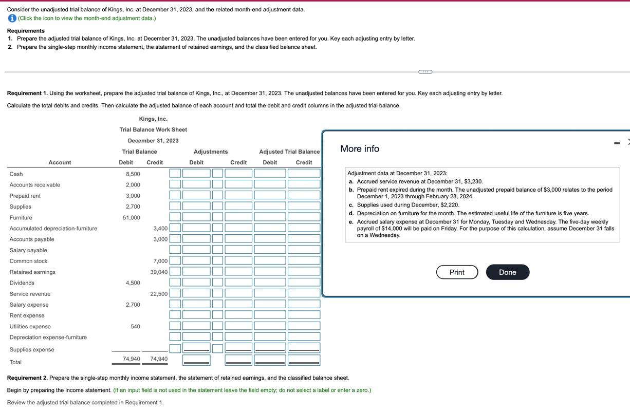 Consider The Unadjusted Trial Balance Of Kings Inc At December 31 2023 And The Related Month End Adjustment Data I 1
