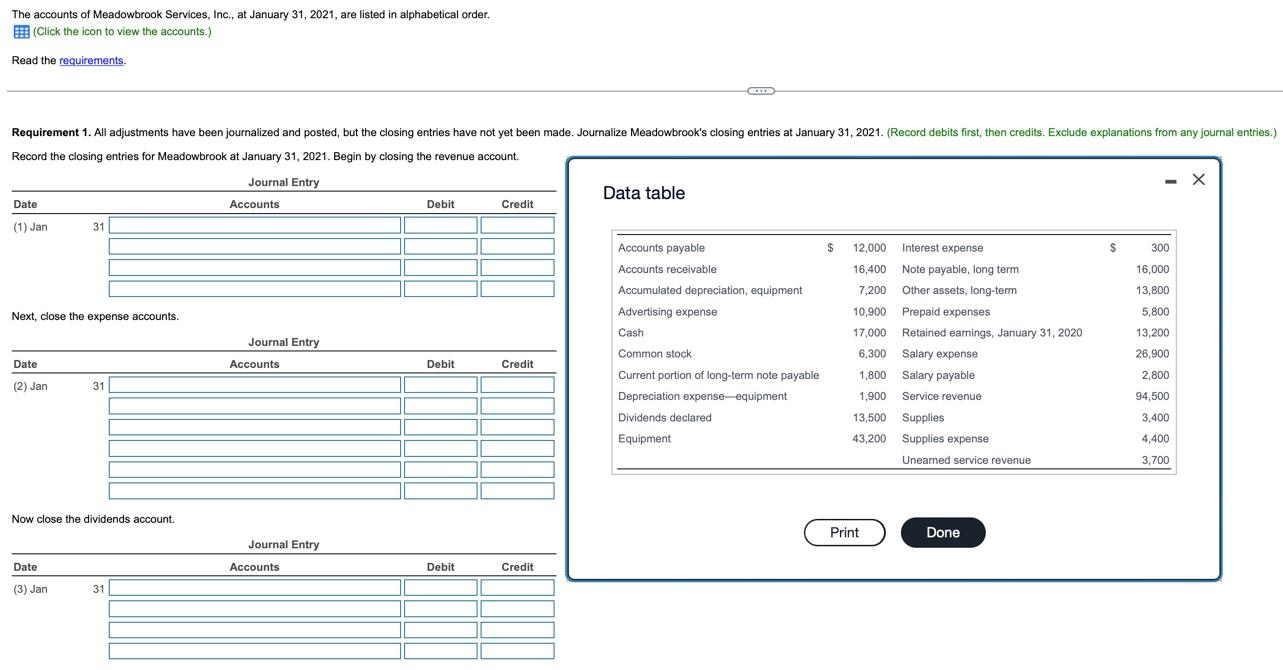 The Accounts Of Meadowbrook Services Inc At January 31 2021 Are Listed In Alphabetical Order Click The Icon To Vi 1