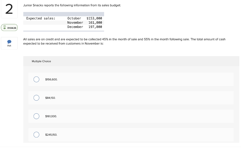 2 01 04 26 Ask Junior Snacks Reports The Following Information From Its Sales Budget Expected Sales Multiple Choice Al 1