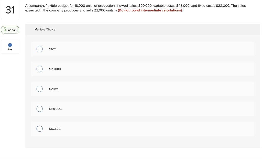 31 A Company S Flexible Budget For 18 000 Units Of Production Showed Sales 90 000 Variable Costs 45 000 And Fixed 1