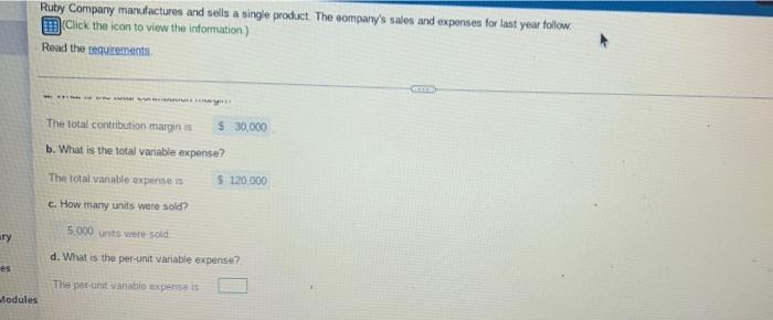 Ary Es Modules Ruby Company Manufactures And Sells A Single Product The Company S Sales And Expenses For Last Year Foll 1