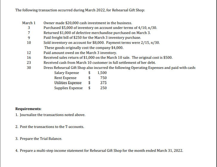The Following Transaction Occurred During March 2022 For Rehearsal Gift Shop March 1 3 7 9 10 12 16 23 30 Owner Made 1