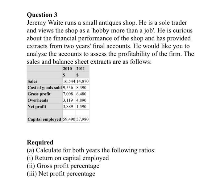 Question 3 Jeremy Waite Runs A Small Antiques Shop He Is A Sole Trader And Views The Shop As A Hobby More Than A Job 1