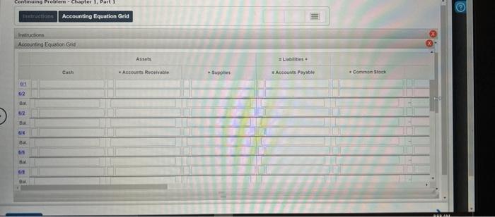 Chapter 1 Continuing Problem Continuing Problem Chapter 1 Part 1 Instructions Accounting Equation Grid Instructions Pey 4