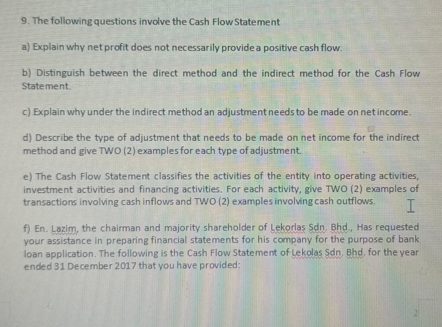 9 The Following Questions Involve The Cash Flow Statement A Explain Why Net Profit Does Not Necessarily Provide A Posi 1