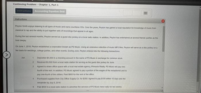 Continuing Problem Chapter 1 Instruction 3 Refer To Your Answers From Chapter 1 Parts 1 And 2 To Complete This Part 4