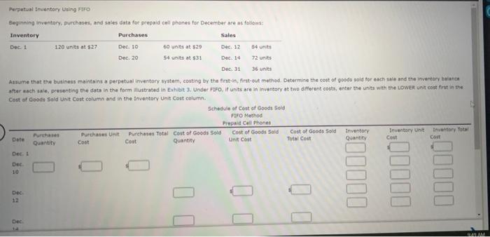 Perpetual Inventory Using Fifo Beginning Inventory Purchases And Sales Data For Prepaid Cell Phones For December Are A 1