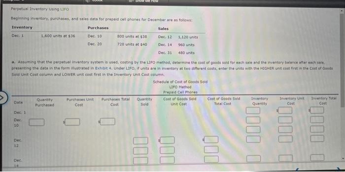 Perpetual Inventory Using Lifo Beginning Inventory Purchases And Sales Data For Prepaid Cell Phones For December Are A 1