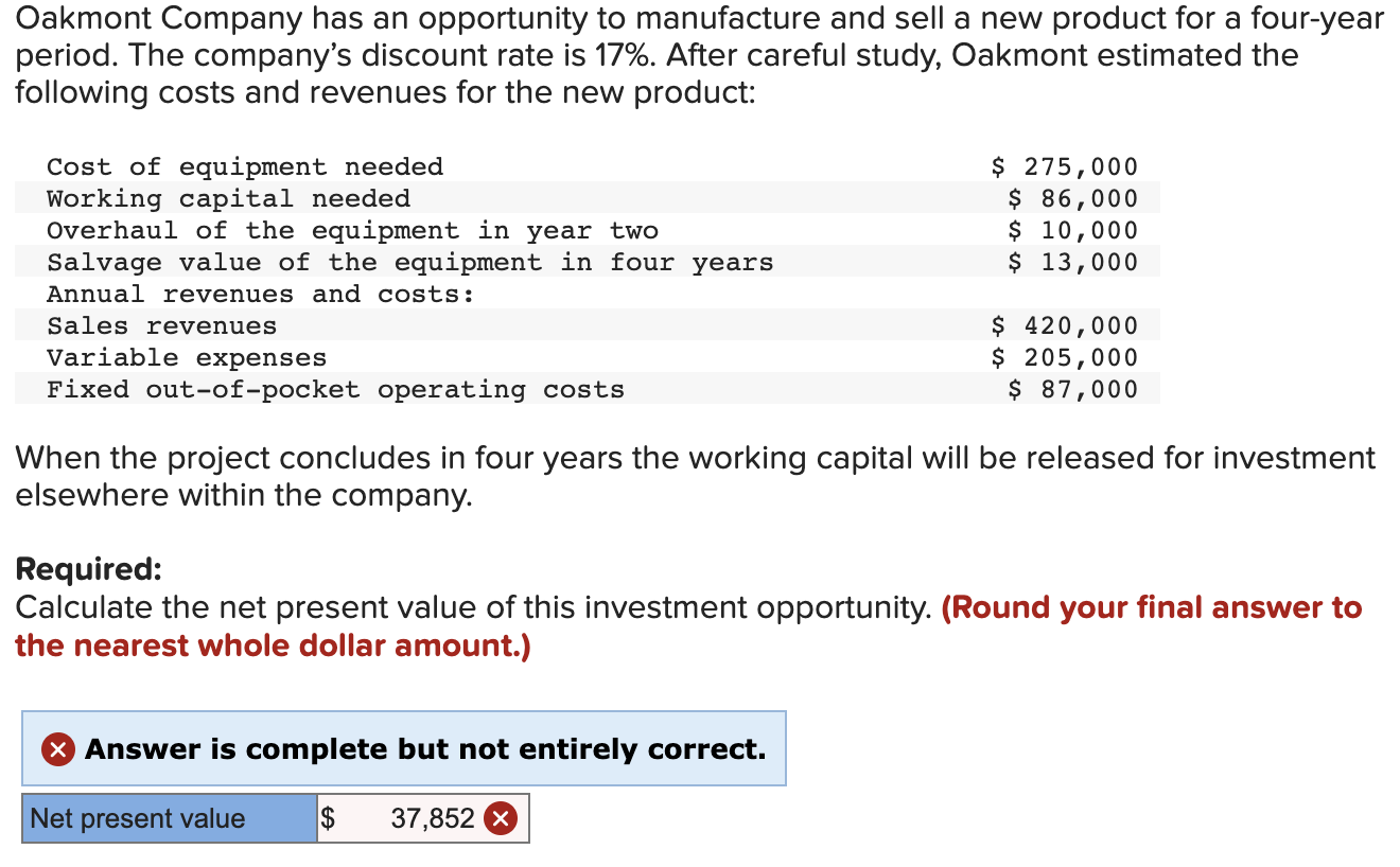 Oakmont Company Has An Opportunity To Manufacture And Sell A New Product For A Four Year Period The Company S Discount 1