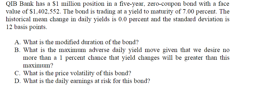 Qib Bank Has A 1 Million Position In A Five Year Zero Coupon Bond With A Face Value Of 1 402 552 The Bond Is Trading 1
