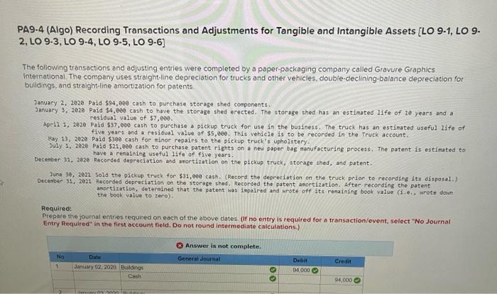 Pa9 4 Algo Recording Transactions And Adjustments For Tangible And Intangible Assets Lo 9 1 Lo 9 2 Lo 9 3 Lo 9 4 1