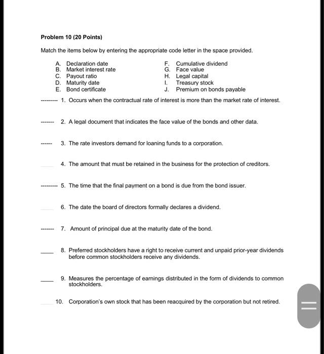 Problem 10 20 Points Match The Items Below By Entering The Appropriate Code Letter In The Space Provided Cumulative D 1