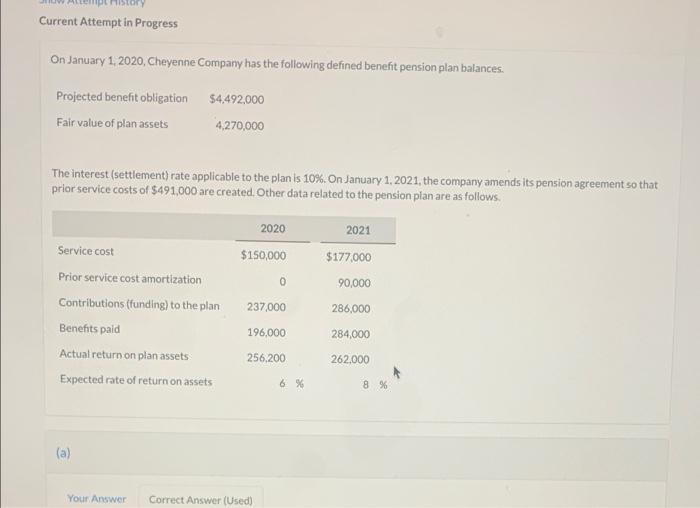 Current Attempt In Progress On January 1 2020 Cheyenne Company Has The Following Defined Benefit Pension Plan Balances 1
