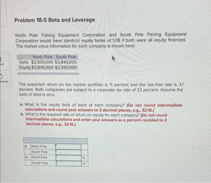 Problem 18 5 Beta And Leverage North Pole Fishing Equipment Corporation And South Pole Fishing Equipment Corporation Wou 1