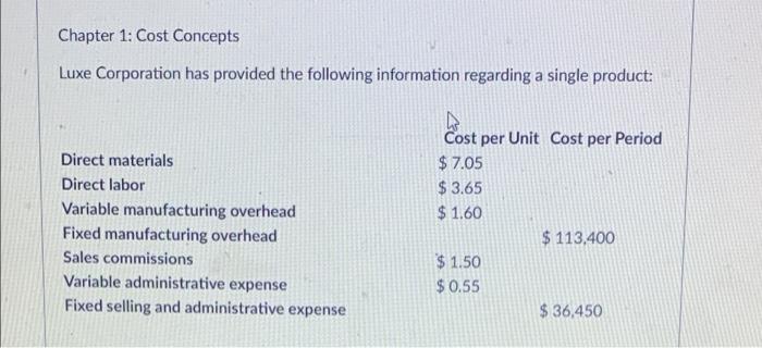 Chapter 1 Cost Concepts Luxe Corporation Has Provided The Following Information Regarding A Single Product Direct Mate 1