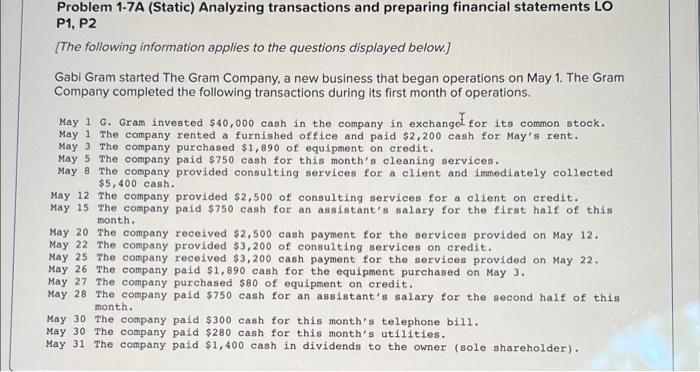 Problem 1 7a Static Analyzing Transactions And Preparing Financial Statements Lo P1 P2 The Following Information App 1