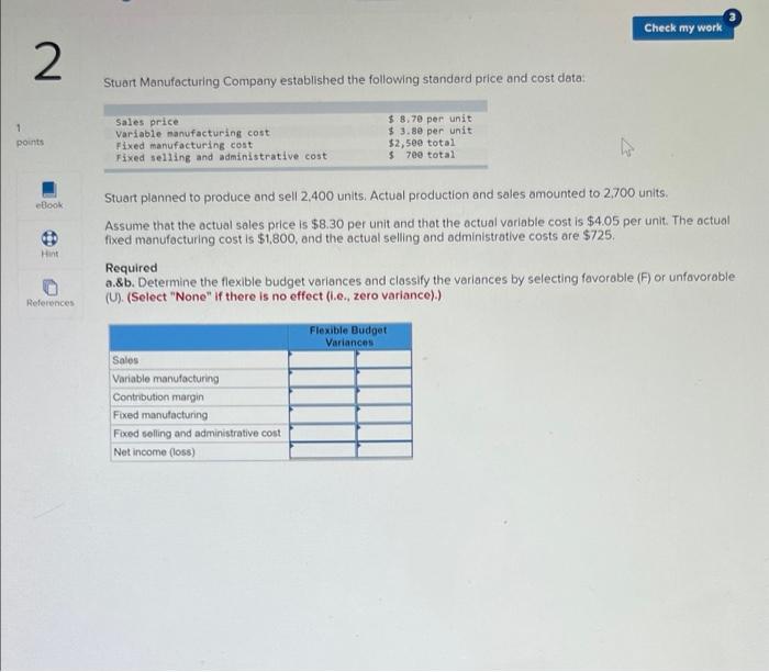2 1 Points Ebook Hint References Stuart Manufacturing Company Established The Following Standard Price And Cost Data 1