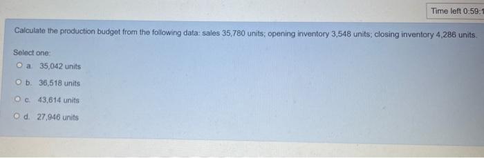 Time Left 0 59 Calculate The Production Budget From The Following Data Sales 35 780 Units Opening Inventory 3 548 Uni 1