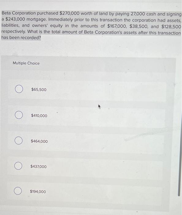 Beta Corporation Purchased 270 000 Worth Of Land By Paying 27 000 Cash And Signing A 243 000 Mortgage Immediately Pri 1