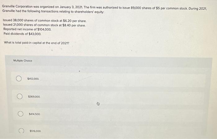 Granville Corporation Was Organized On January 3 2021 The Firm Was Authorized To Issue 89 000 Shares Of 5 Par Common 1
