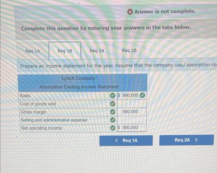 Exercise 7 6 Algo Variable And Absorption Costing Unit Product Costs And Income Stateme Lo7 2 Lynch Company Manufactu 2