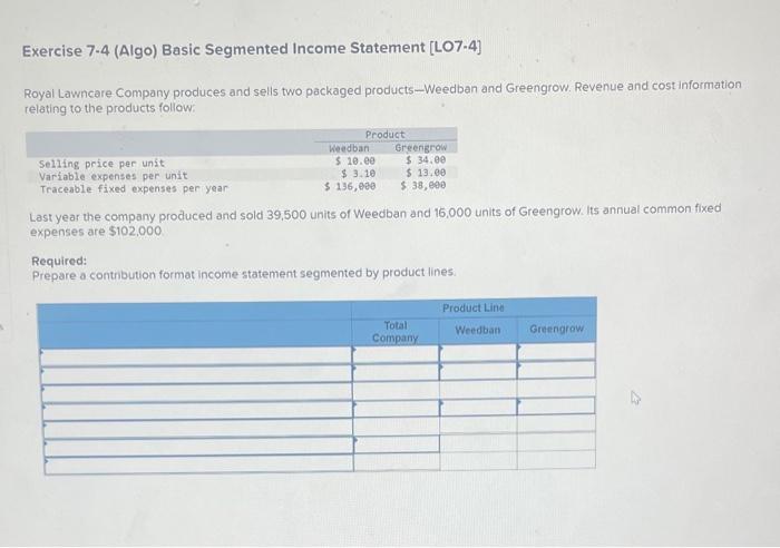 Exercise 7 4 Algo Basic Segmented Income Statement Lo7 4 Royal Lawncare Company Produces And Sells Two Packaged Prod 1