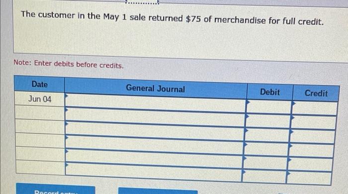 1 2 3 Date May 01 Note Enter Debits Before Credits 4 5 Sold Merchandise For 600 With Credit Terms N 60 6 General 4