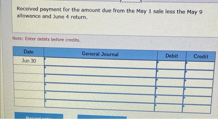 1 2 3 Date May 01 Note Enter Debits Before Credits 4 5 Sold Merchandise For 600 With Credit Terms N 60 6 General 6