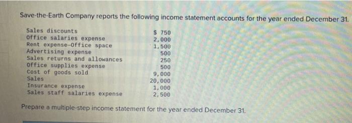 Save The Earth Company Reports The Following Income Statement Accounts For The Year Ended December 31 Sales Discounts O 1