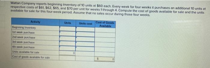 Wattan Company Reports Beginning Inventory Of 10 Units At 60 Each Every Week For Four Weeks It Purchases An Additional 1