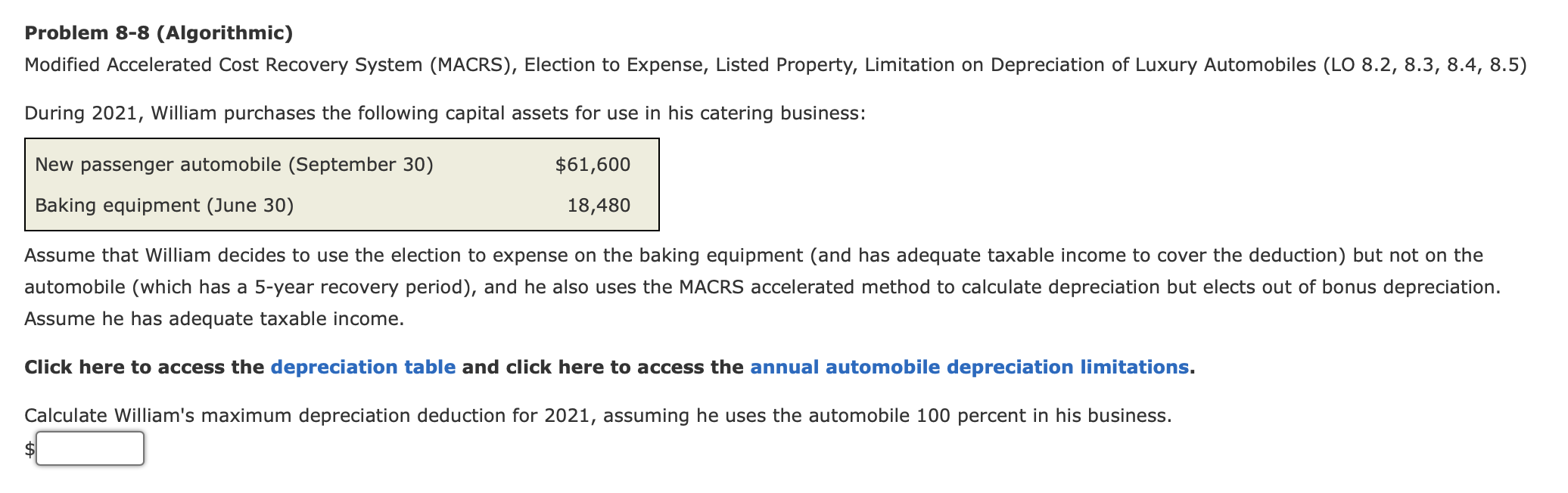 Problem 8 8 Algorithmic Modified Accelerated Cost Recovery System Macrs Election To Expense Listed Property Limit 1