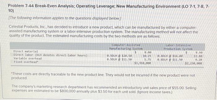 Problem 7 44 Break Even Analysis Operating Leverage New Manufacturing Environment Lo 7 1 7 8 7 10 The Following 1
