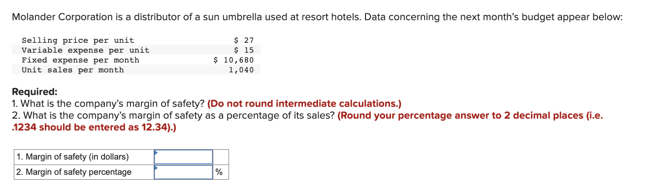 Molander Corporation Is A Distributor Of A Sun Umbrella Used At Resort Hotels Data Concerning The Next Month S Budget A 1