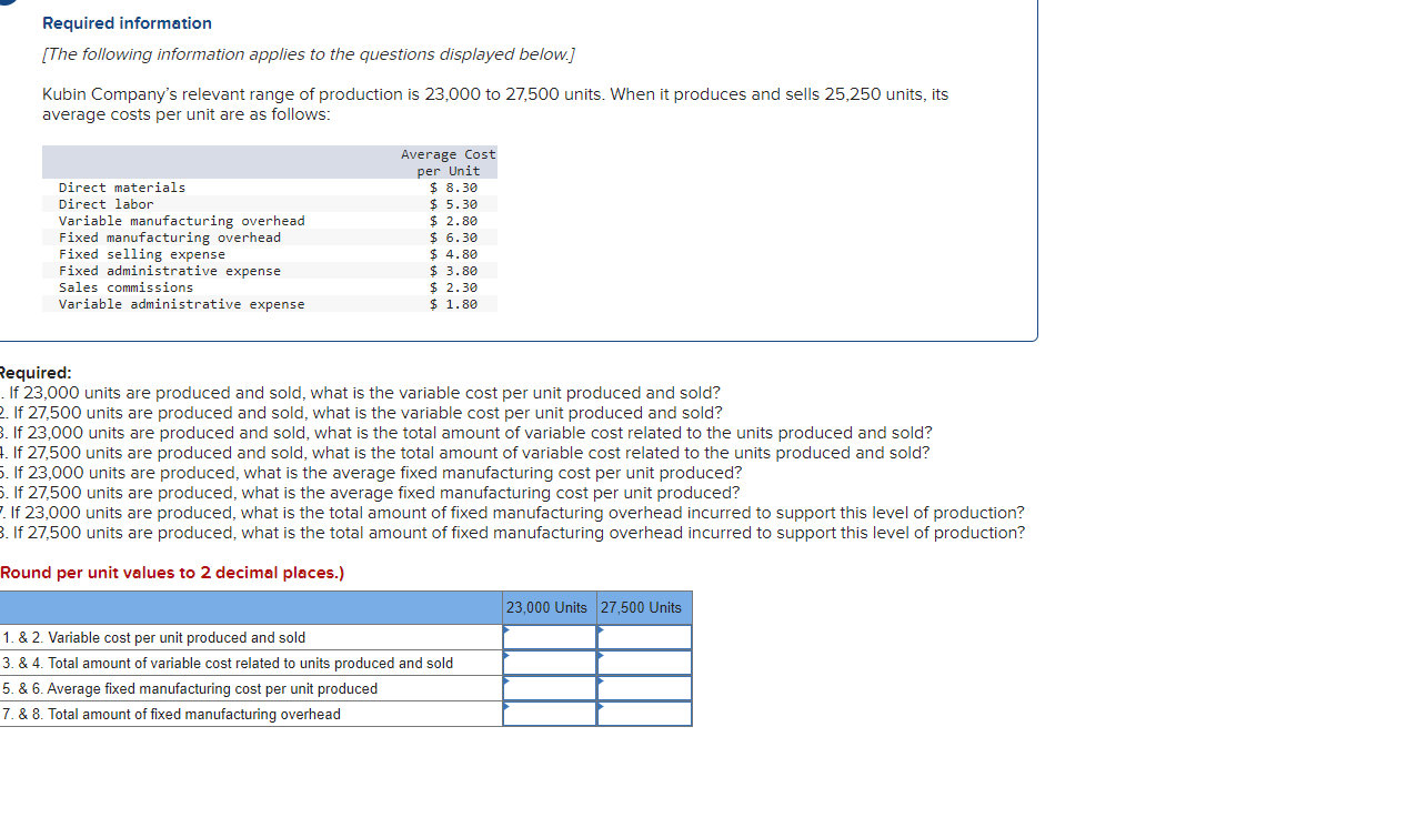 Required Information The Following Information Applies To The Questions Displayed Below Kubin Company S Relevant Rang 1