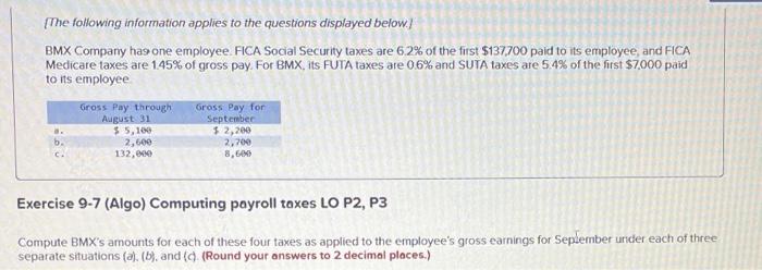 The Following Information Applies To The Questions Displayed Below Bmx Company Has One Employee Fica Social Security 1