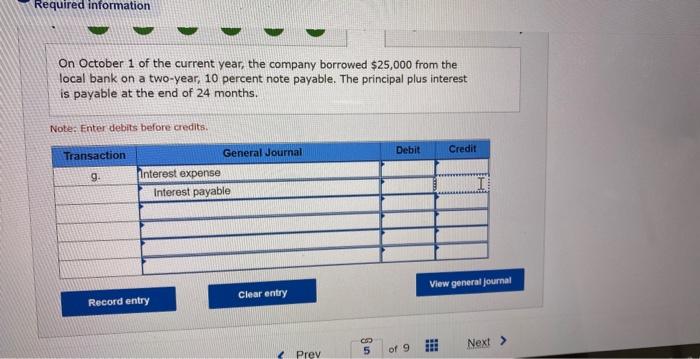Required Information On October 1 Of The Current Year The Company Borrowed 25 000 From The Local Bank On A Two Year 1 1