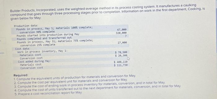 K Builder Products Incorporated Uses The Weighted Average Method In Its Process Costing System It Manufactures A Caul 1