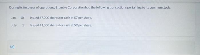 During Its First Year Of Operations Bramble Corporation Had The Following Transactions Pertaining To Its Common Stock 3