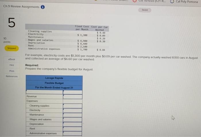 Ch 9 Review Assignments 5 10 Points Skopped Ebook Hird Print References Cleaning Supplies Electricity Maintenance Rent R 1