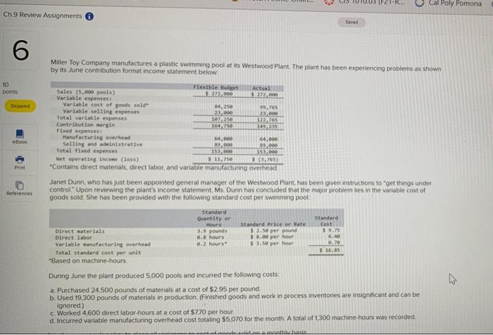 Ch 9 Review Assignments 6 10 Points Skipped Ebook Print References Miller Toy Company Manufactures A Plastic Swimming Po 1