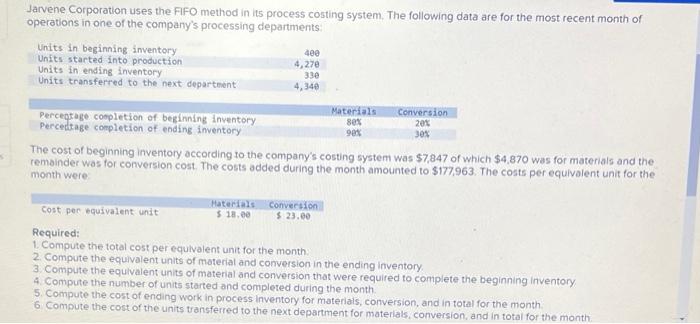 S Jarvene Corporation Uses The Fifo Method In Its Process Costing System The Following Data Are For The Most Recent Mon 1