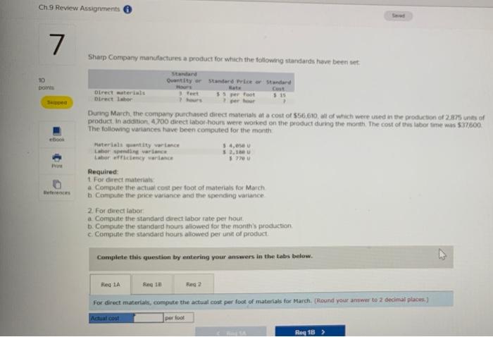 Ch 9 Review Assignments 7 10 Points Skipped Ebook Print References Sharp Company Manufactures A Product For Which The Fo 1