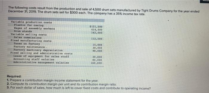 The Following Costs Result From The Production And Sale Of 4 500 Drum Sets Manufactured By Tight Drums Company For The Y 1