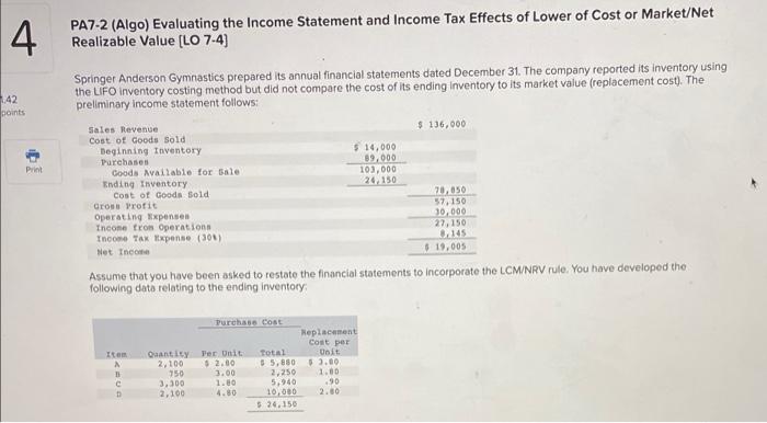 4 Pa7 2 Algo Evaluating The Income Statement And Income Tax Effects Of Lower Of Cost Or Market Net Realizable Value L 2