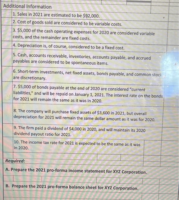 Xyz Corporation Published The Following Information In Its Financial Statements For Its 2020 Annual Report Abc Corporat 2