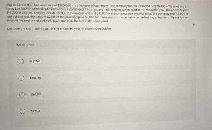 Alpaca Corporation Had Revenues Of 325 000 In Its First Year Of Operations The Company Has Not Collected On 20 400 Of 1