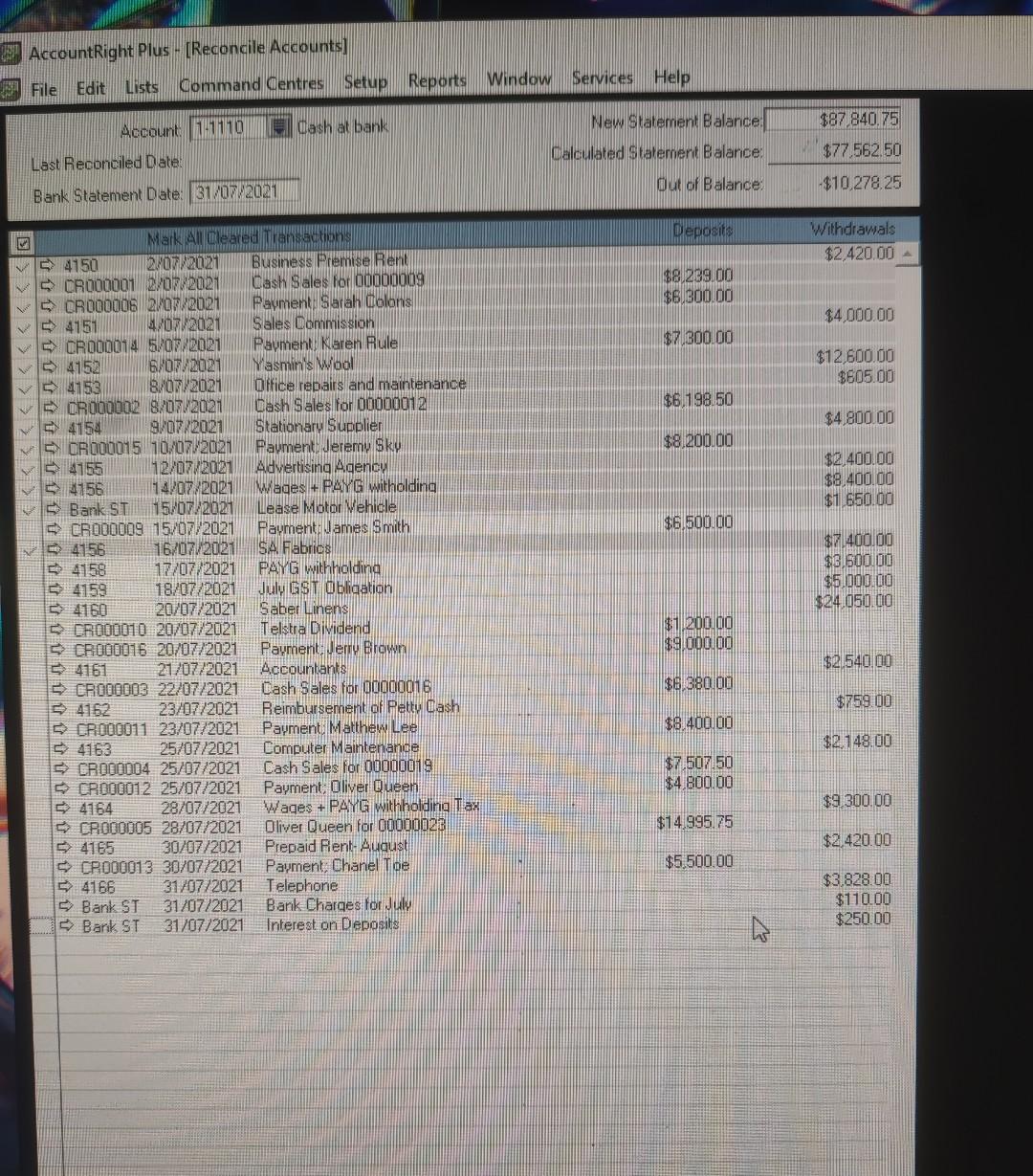 Accountright Plus Reconcile Accounts File Edit Services Help Lists Command Centres Setup Reports Window Cash At Bank 1