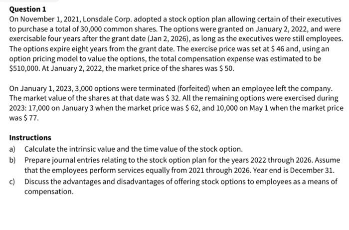 Question 1 On November 1 2021 Lonsdale Corp Adopted A Stock Option Plan Allowing Certain Of Their Executives To Purch 1