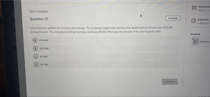 Test Content Question 25 Lula Company Updates Its Inventory Periodically The Company S Beginning Inventory Was 4 860 A 1